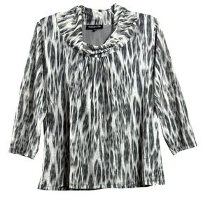 Jones New York Abstract Ikat Blouse 1X Black Gray Crew Neckline Career Chic Top